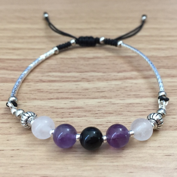 Rose Quartz, Amethyst & Onyx Shamballa Bracelet - Picture 1 of 4